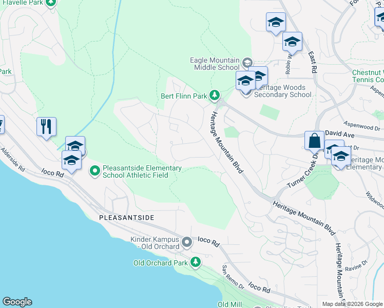 map of restaurants, bars, coffee shops, grocery stores, and more near 16 Wilkes Creek Drive in Port Moody