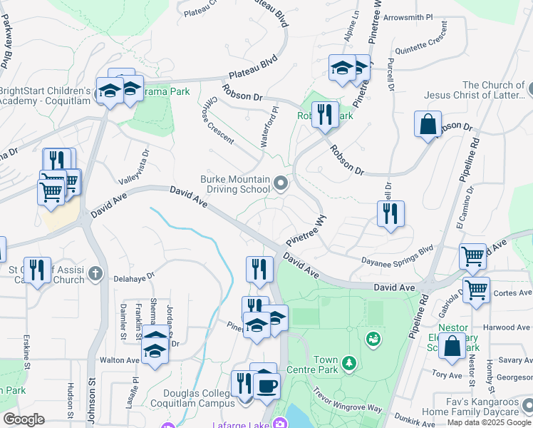 map of restaurants, bars, coffee shops, grocery stores, and more near 2968 Silver Springs Boulevard in Coquitlam