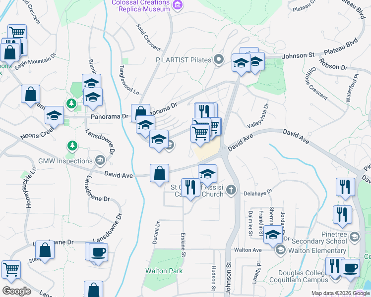 map of restaurants, bars, coffee shops, grocery stores, and more near 1432 Parkway Boulevard in Coquitlam