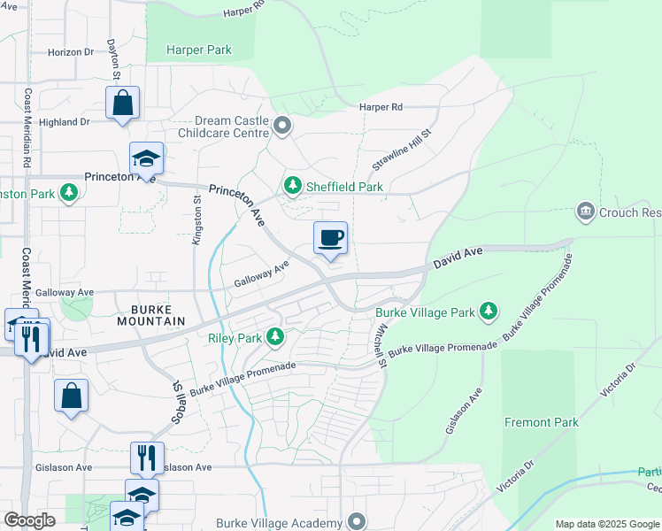 map of restaurants, bars, coffee shops, grocery stores, and more near 3535 Princeton Avenue in Coquitlam