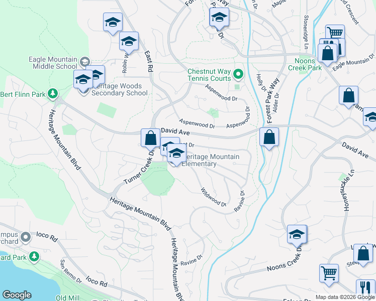 map of restaurants, bars, coffee shops, grocery stores, and more near 116 Ravine Drive in Port Moody