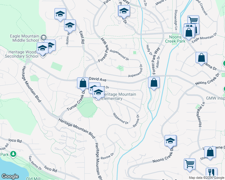 map of restaurants, bars, coffee shops, grocery stores, and more near 67 Timbercrest Drive in Port Moody