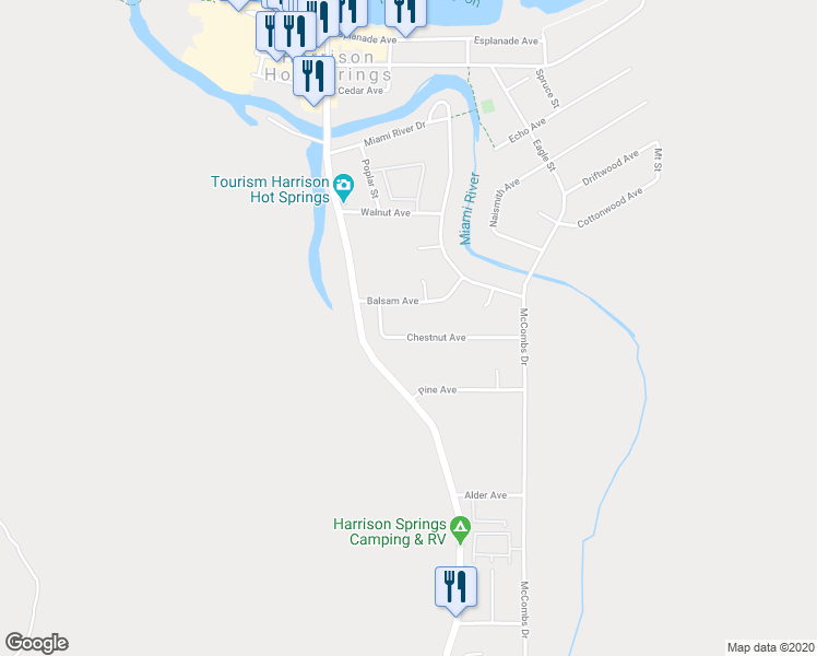 map of restaurants, bars, coffee shops, grocery stores, and more near 321 Chestnut Avenue in Harrison Hot Springs