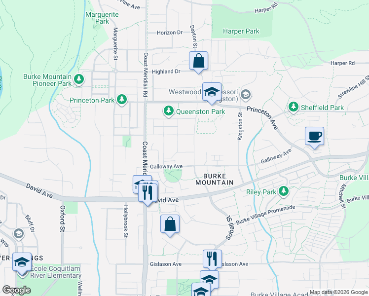 map of restaurants, bars, coffee shops, grocery stores, and more near 3411 Doucette Avenue in Coquitlam