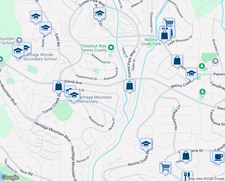 map of restaurants, bars, coffee shops, grocery stores, and more near 38 Timbercrest Drive in Port Moody