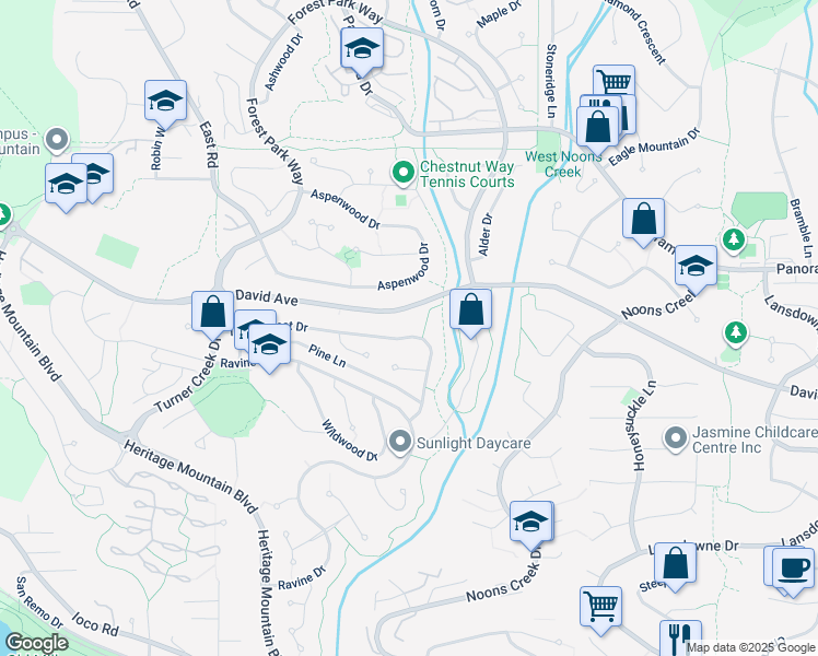 map of restaurants, bars, coffee shops, grocery stores, and more near 38 Timbercrest Drive in Port Moody