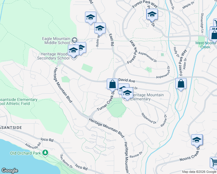 map of restaurants, bars, coffee shops, grocery stores, and more near 106 Timbercrest Place in Port Moody
