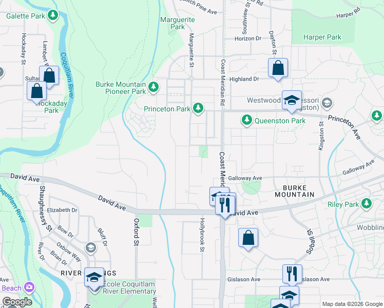 map of restaurants, bars, coffee shops, grocery stores, and more near 3351 Canary Place in Coquitlam