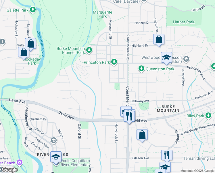map of restaurants, bars, coffee shops, grocery stores, and more near 1364 Marguerite Street in Coquitlam