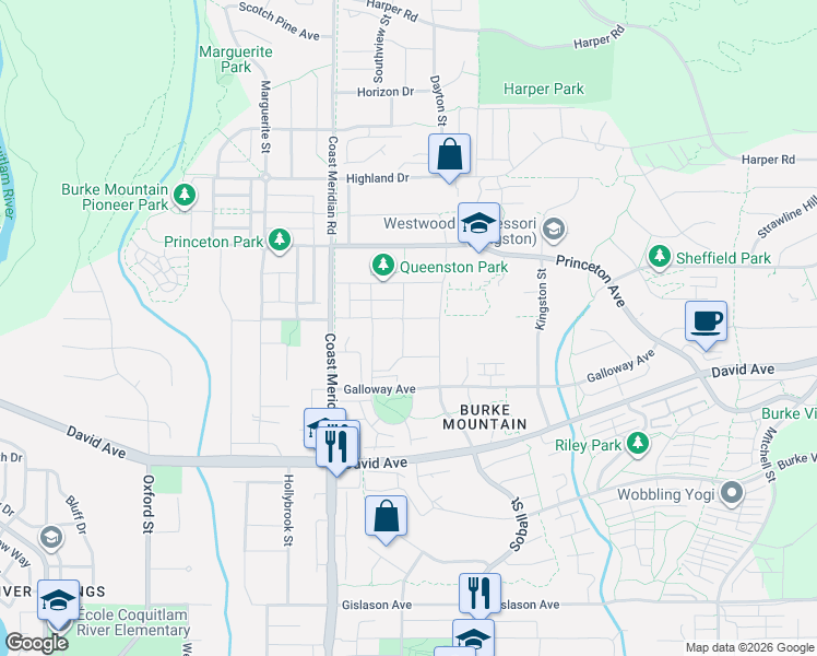 map of restaurants, bars, coffee shops, grocery stores, and more near 3406 Korba Avenue in Coquitlam