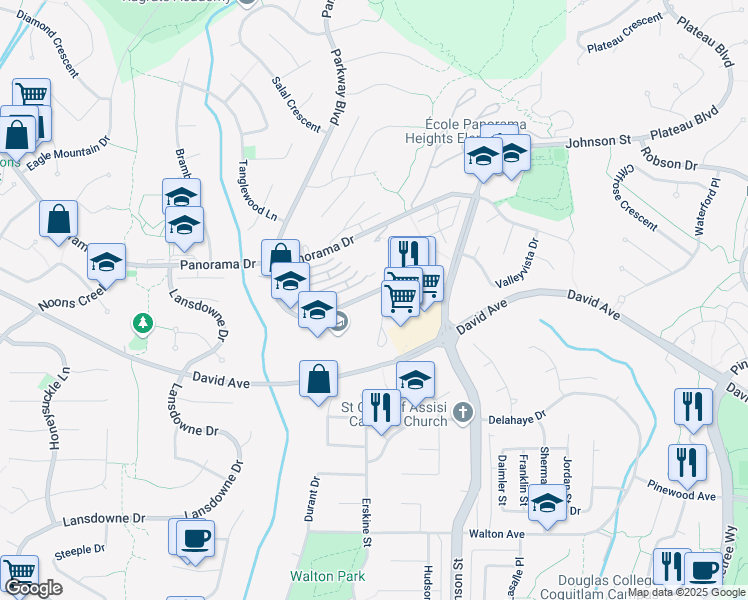 map of restaurants, bars, coffee shops, grocery stores, and more near 1432 Parkway Boulevard in Coquitlam