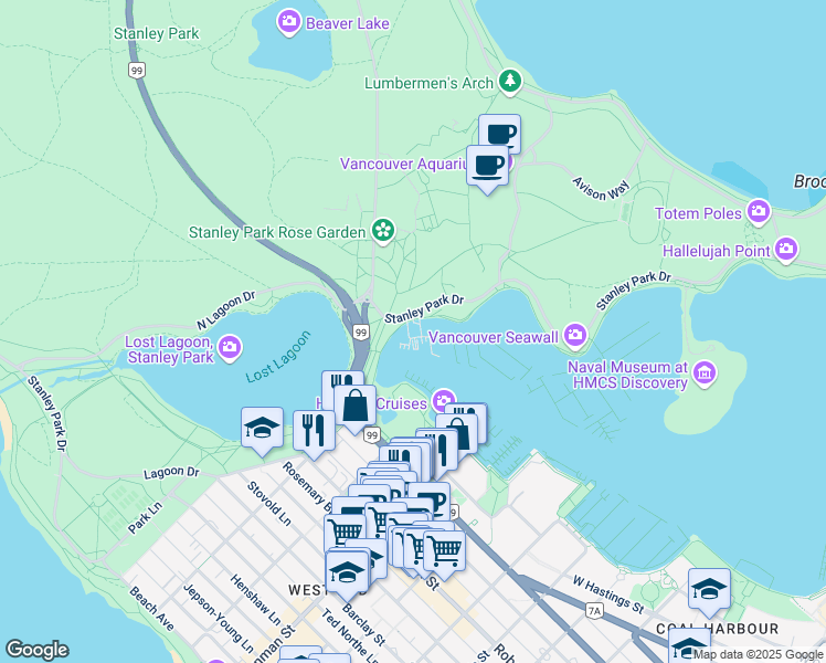 map of restaurants, bars, coffee shops, grocery stores, and more near 450 Stanley Park Drive in Vancouver