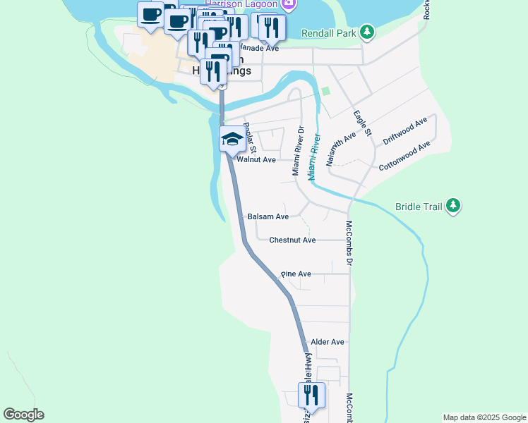 map of restaurants, bars, coffee shops, grocery stores, and more near 223 Balsam Avenue in Harrison Hot Springs