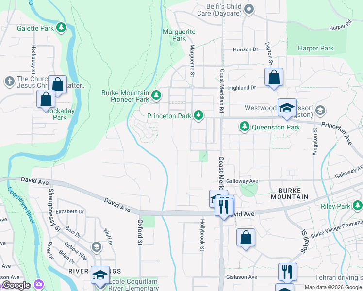 map of restaurants, bars, coffee shops, grocery stores, and more near 1373 Glenbrook Street in Coquitlam