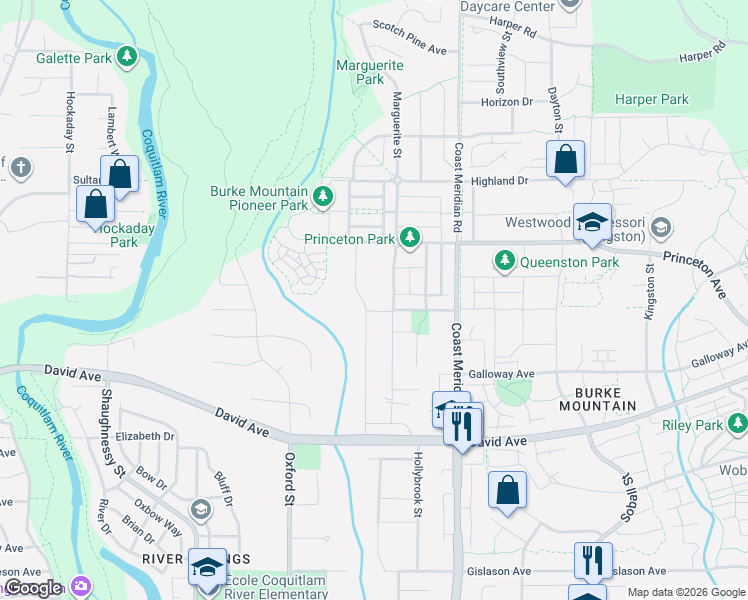 map of restaurants, bars, coffee shops, grocery stores, and more near 1373 Glenbrook Street in Coquitlam