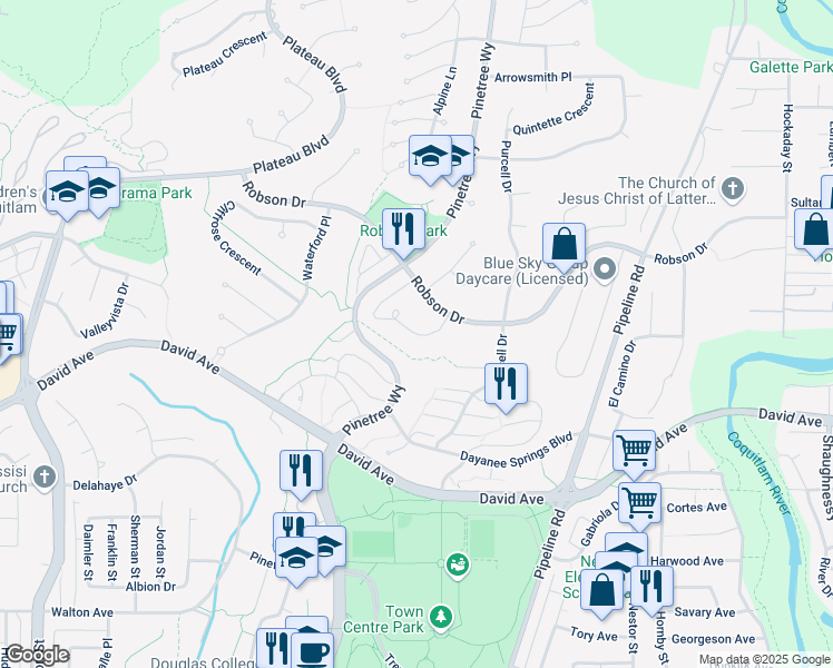 map of restaurants, bars, coffee shops, grocery stores, and more near Waddington Place in Coquitlam