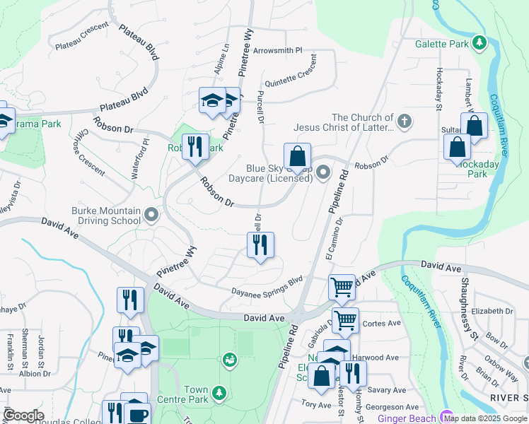 map of restaurants, bars, coffee shops, grocery stores, and more near 3102 Robson Drive in Coquitlam