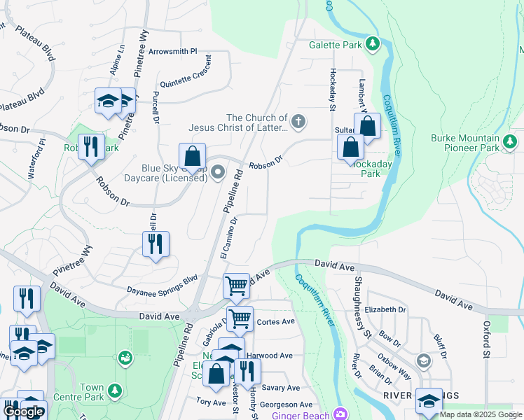map of restaurants, bars, coffee shops, grocery stores, and more near 1418 El Camino Drive in Coquitlam