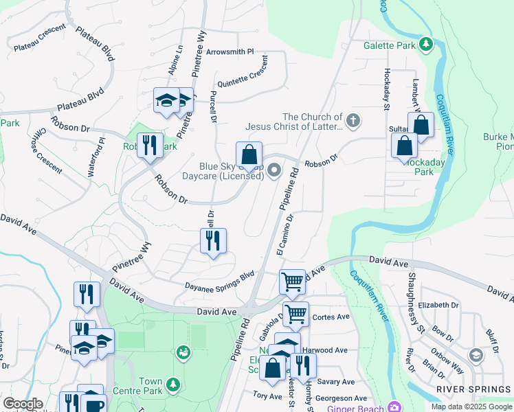 map of restaurants, bars, coffee shops, grocery stores, and more near 3139 Patullo Crescent in Coquitlam