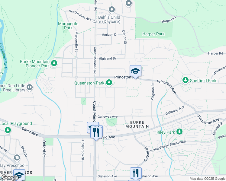 map of restaurants, bars, coffee shops, grocery stores, and more near 3416 Queenston Avenue in Coquitlam