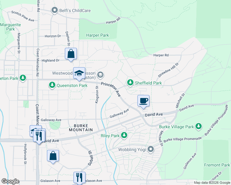map of restaurants, bars, coffee shops, grocery stores, and more near 3490 Princeton Avenue in Coquitlam