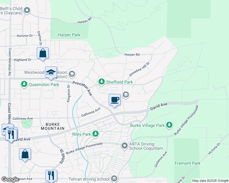 map of restaurants, bars, coffee shops, grocery stores, and more near 3525 Chandler Street in Coquitlam