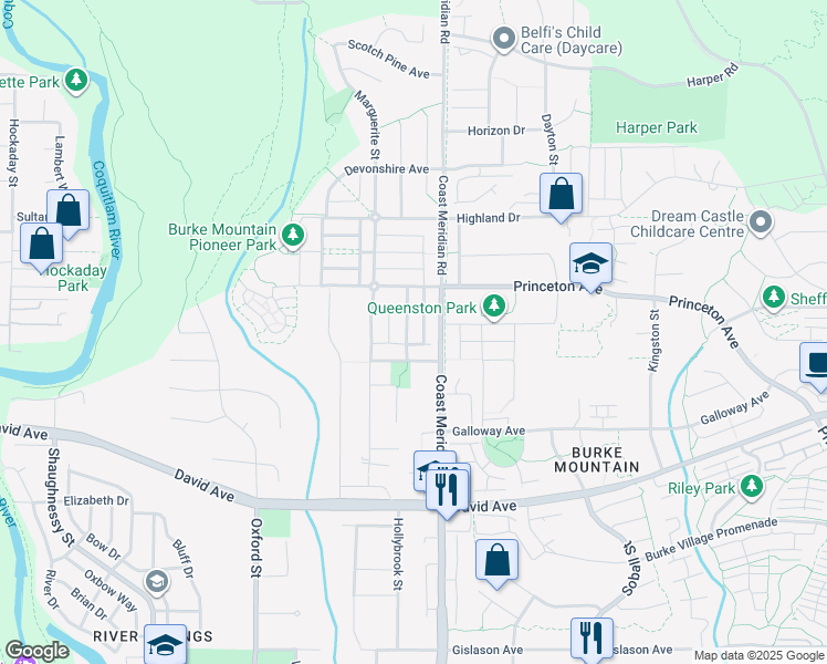 map of restaurants, bars, coffee shops, grocery stores, and more near 1381 Trafalgar Street in Coquitlam
