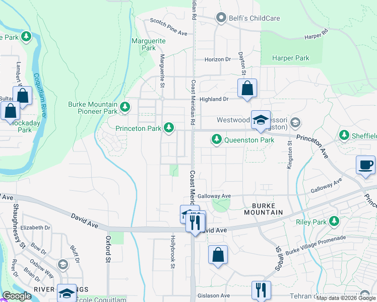 map of restaurants, bars, coffee shops, grocery stores, and more near 1382 Coast Meridian Road in Coquitlam