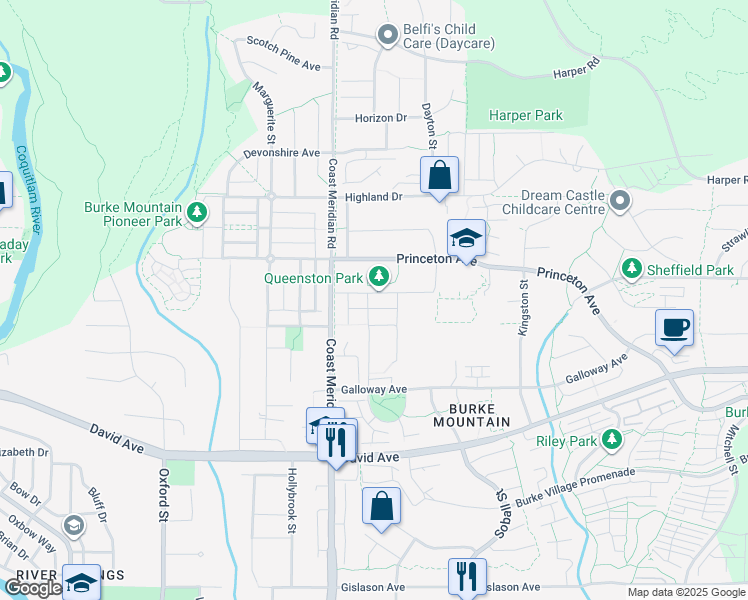 map of restaurants, bars, coffee shops, grocery stores, and more near 3410 Queenston Avenue in Coquitlam