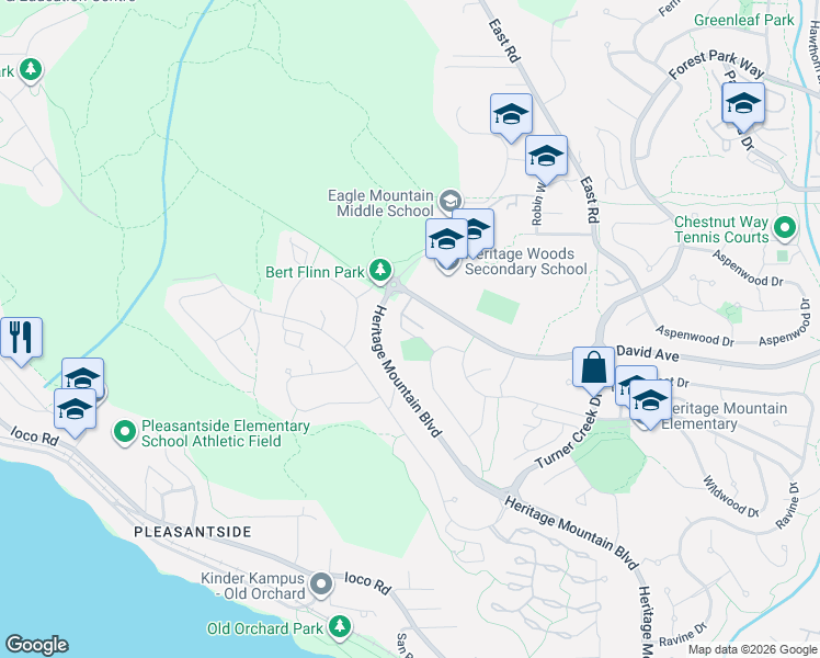 map of restaurants, bars, coffee shops, grocery stores, and more near 65 Foxwood Drive in Port Moody