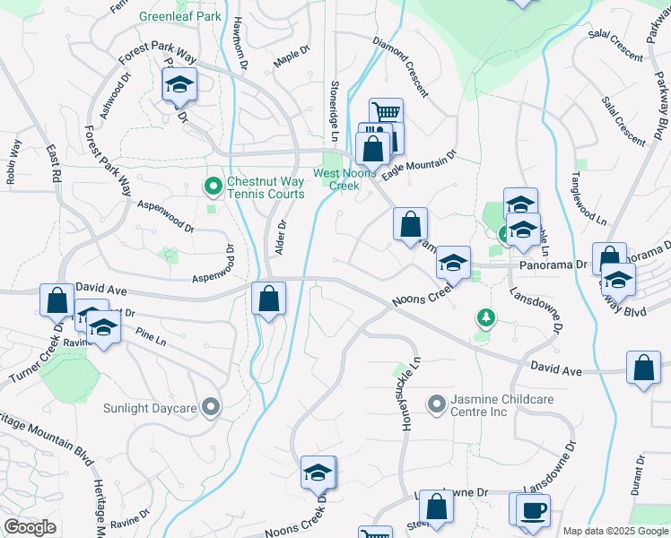 map of restaurants, bars, coffee shops, grocery stores, and more near 2608 Sandstone Court in Coquitlam