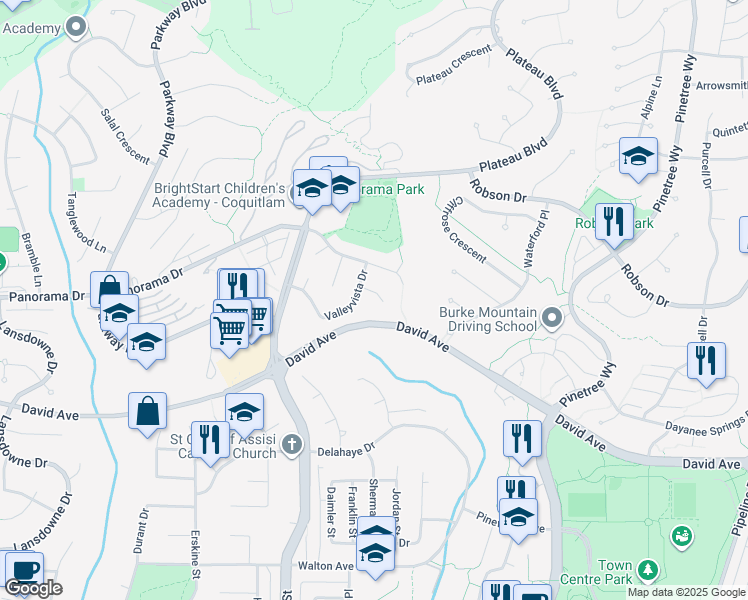 map of restaurants, bars, coffee shops, grocery stores, and more near 2928 Valleyview Court in Coquitlam