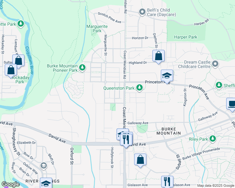 map of restaurants, bars, coffee shops, grocery stores, and more near 1383 Trafalgar Street in Coquitlam