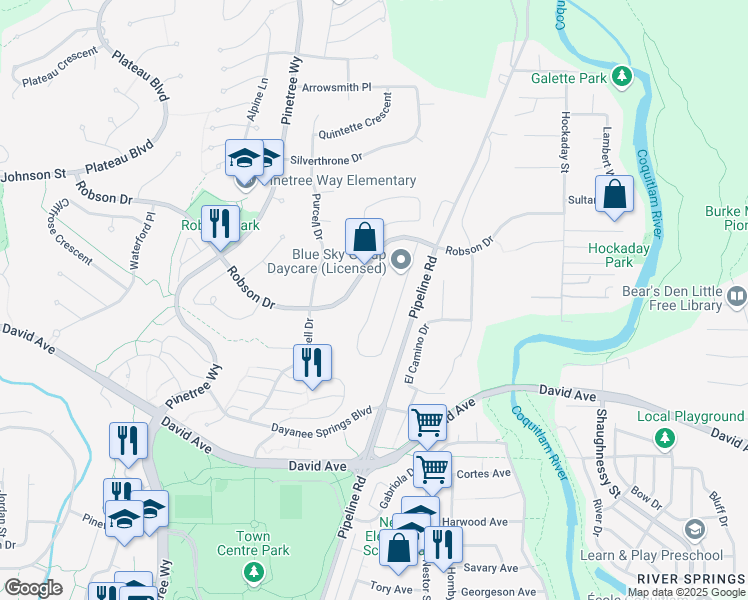 map of restaurants, bars, coffee shops, grocery stores, and more near Patullo Crescent in Coquitlam