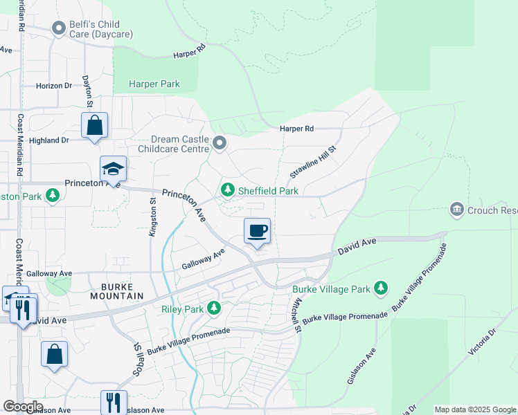 map of restaurants, bars, coffee shops, grocery stores, and more near 3525 Chandler Street in Coquitlam