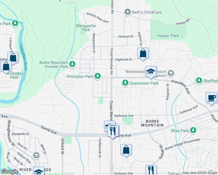 map of restaurants, bars, coffee shops, grocery stores, and more near 1386 Coast Meridian Road in Coquitlam