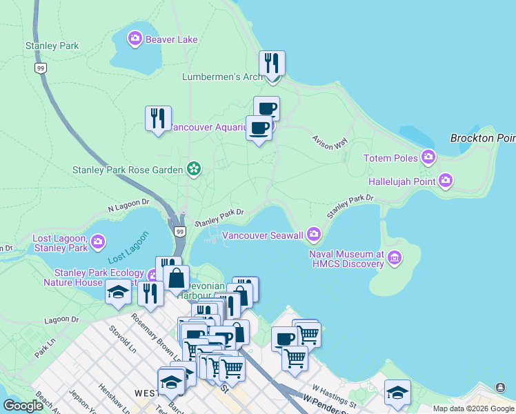 map of restaurants, bars, coffee shops, grocery stores, and more near 1038 Stanley Park Drive in Vancouver