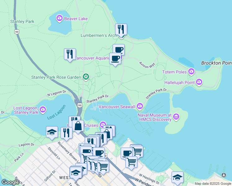 map of restaurants, bars, coffee shops, grocery stores, and more near 1076 Stanley Park Drive in Vancouver