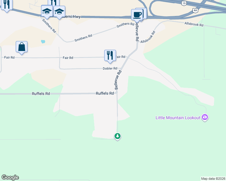map of restaurants, bars, coffee shops, grocery stores, and more near 1165 Bellevue Road in Parksville
