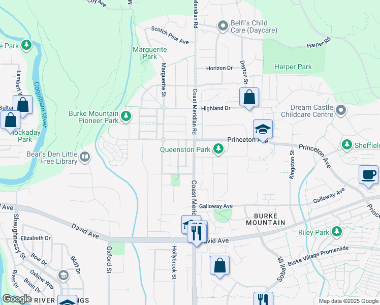 map of restaurants, bars, coffee shops, grocery stores, and more near 1388 Coast Meridian Road in Coquitlam
