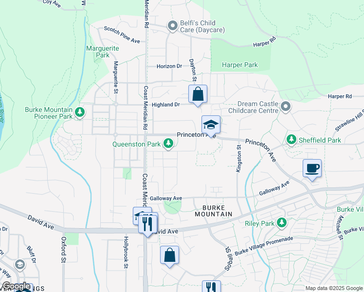 map of restaurants, bars, coffee shops, grocery stores, and more near 3421 Queenston Avenue in Coquitlam