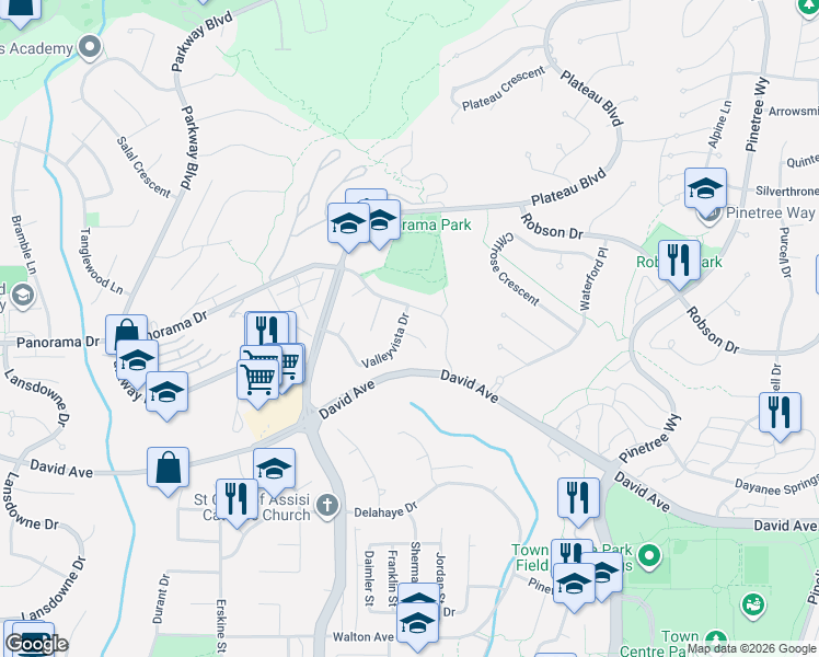 map of restaurants, bars, coffee shops, grocery stores, and more near 2944 Valleyvista Drive in Coquitlam
