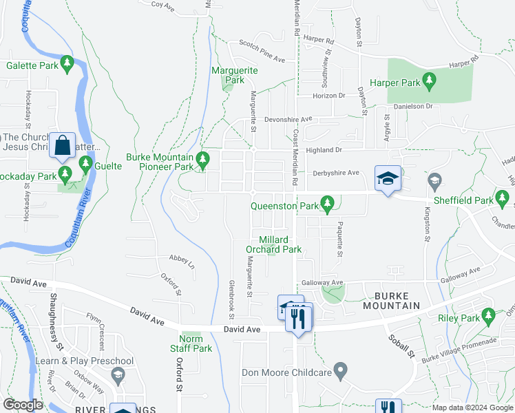 map of restaurants, bars, coffee shops, grocery stores, and more near 1395 Marguerite Street in Coquitlam
