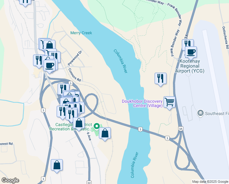 map of restaurants, bars, coffee shops, grocery stores, and more near 1885 Connors Road in Castlegar