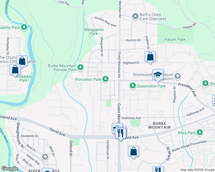 map of restaurants, bars, coffee shops, grocery stores, and more near 1392 Trafalgar Street in Coquitlam