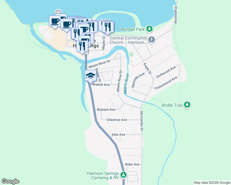 map of restaurants, bars, coffee shops, grocery stores, and more near 406 Miami River Drive in Harrison Hot Springs