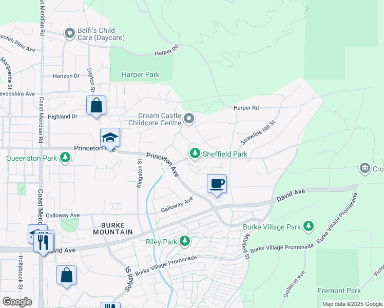 map of restaurants, bars, coffee shops, grocery stores, and more near 3499 Sheffield Avenue in Coquitlam