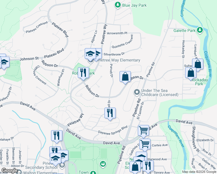 map of restaurants, bars, coffee shops, grocery stores, and more near 1416 Purcell Drive in Coquitlam
