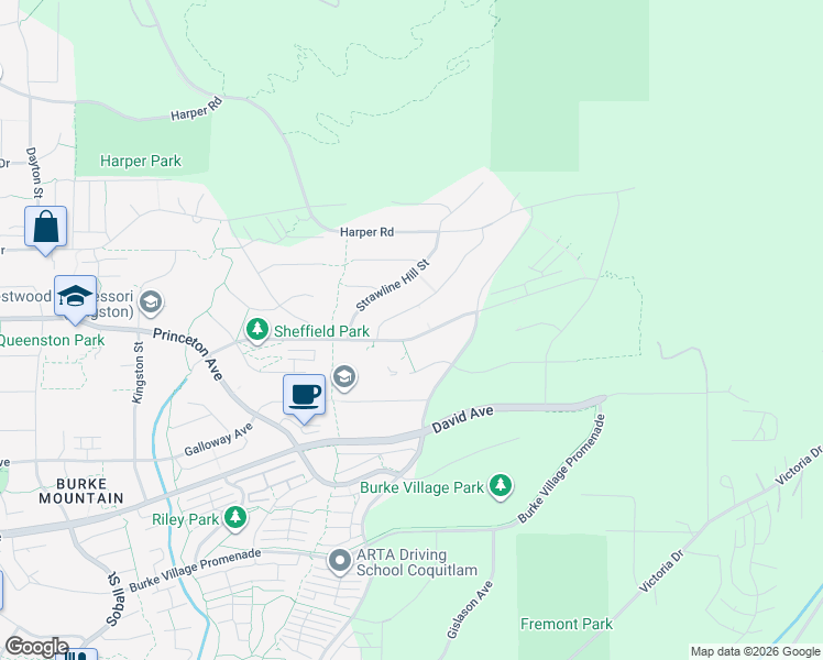 map of restaurants, bars, coffee shops, grocery stores, and more near 3565 Sheffield Avenue in Coquitlam
