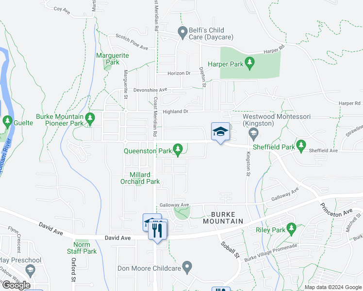 map of restaurants, bars, coffee shops, grocery stores, and more near 3416 Princeton Avenue in Coquitlam